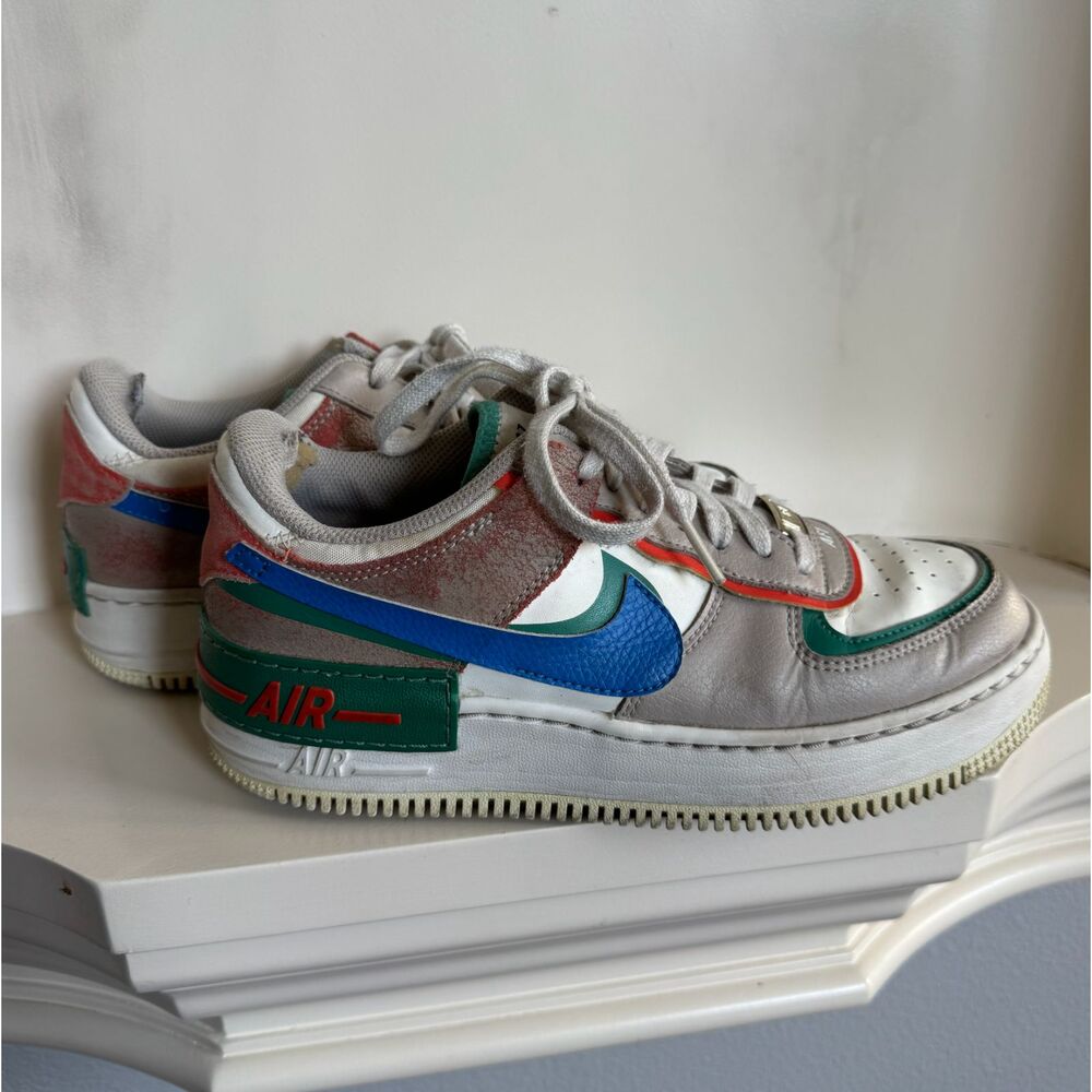 Nike Air Force 1 Shadow Trainers Sail Signal Blue Green Noise Cream US W8.5